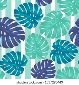 Seamless summer background with tropical palm leaves and vertical stripes. Pattern for advertising banner, greeting card, fabric, promotions, discounts