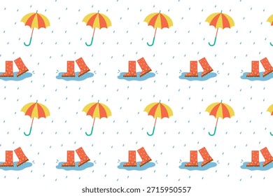 Fundo contínuo de verão. Vetor fundo sem emenda com guarda-chuvas, chuva, botas de borracha e poças.