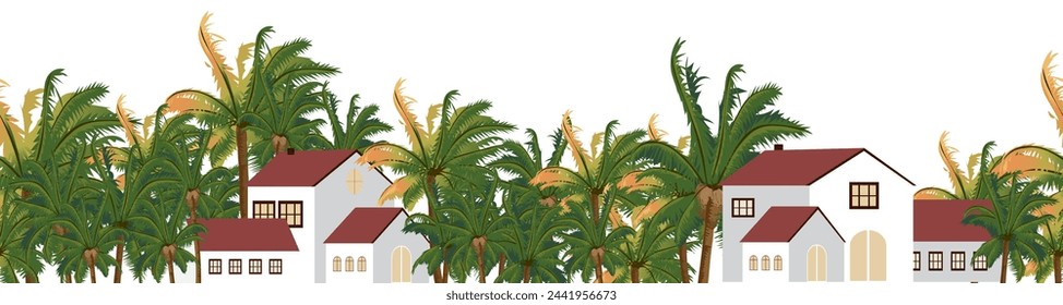 Seamless Summer background,Coconut palm trees with resort,Isolated Horizon Tropical tree pattern with house,Vector seamless pattern for wide summer banner,Island design for fashion, fabric