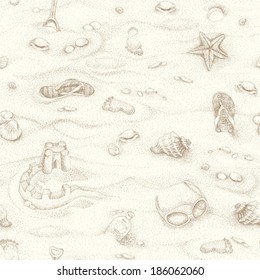 Seamless summer beach background, hand-drawn illustration.