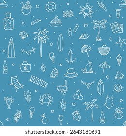 Seamless summer beach doodle pattern with hand drawn swimwear, drinks, fruits, sea elements, umbrellas, boats and vacation icons on blue background