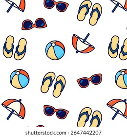 Seamless Summer Beach Icon Pattern – Flip Flops, Sunglasses, Parasol and Beach Ball