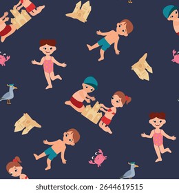 Seamless Summer Beach Pattern with Children. Design for fabric, textile, wallpaper, packaging
