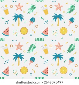 Seamless Summer Beach Pattern Collection with Ice Cream, Palm Leaves, Fruits, and Floral Elements. Repeating Vector Background Set Ideal for Surface Design, Scrapbooking, and Seasonal Product