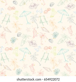 Seamless summer beach pattern. Endless hand drawn vector background of palm trees, sun bed, umbrella, travel bag, hat, shell can be used for wallpaper, wrapping paper, textile printing.