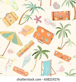 Seamless summer beach pattern. Endless hand drawn vector background of palm trees, sun bed, umbrella, travel bag, hat, shell can be used for wallpaper, wrapping paper, textile printing.