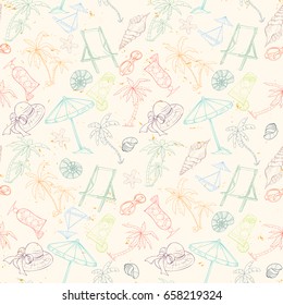 Seamless summer beach pattern. Endless hand drawn vector background of palm trees, sun bed, umbrella, travel bag, hat, shell can be used for wallpaper, wrapping paper, textile printing.