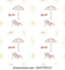Seamless summer beach pattern with hand drawn deck chairs, umbrellas, swimsuits, sunglasses, sun hats, sunscreen. Pastel sketch style vector illustration for fabric, wrapping paper, textile.
