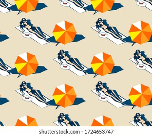 Seamless summer beach pattern. Hello Summer, holiday concept. Pop art. Summer holiday. Vector seamless pattern illustration