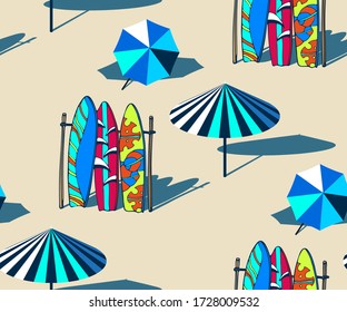 El desnivel de la playa durante el verano. Hola verano, concepto de vacaciones. Arte pop. Vacaciones de verano. Ilustración de patrones sin interrupciones del vector