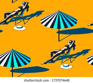 Seamless summer beach pattern. Hello Summer, holiday concept. Pop art. Summer holiday. Vector seamless pattern illustration