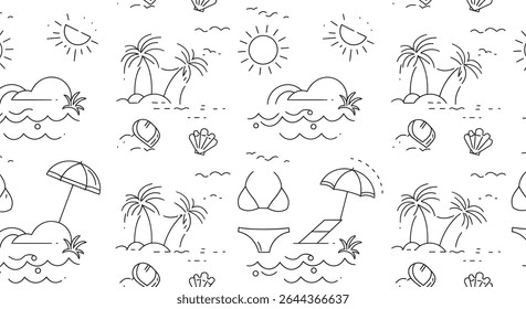 Seamless summer beach pattern with palm trees, sun, shells, bikini, umbrella, and waves in a line art style.
