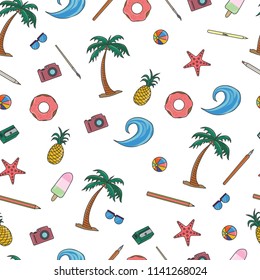 Seamless summer beach pattern. Palms, starfish, waves, cameras, donut, ice cream, pineapple, art supplies.