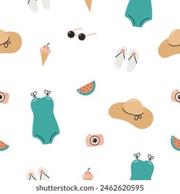 Seamless summer beach pattern. Vector illustration in cartoon style. For card, posters, banners, printing on the pack, printing on clothes, fabric, wallpaper.