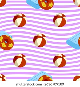 Seamless Summer Beach Toy Pattern. Seamless pattern with beach balls, inflatable swim rings and floating mats on a wavy purple striped background. Flat cartoon style, colorful summer palette.