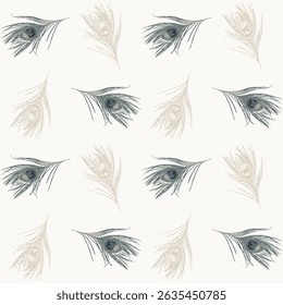 Seamless summer Beige and navy peacock feather textured background pattern for used textiles, wallpapers, 