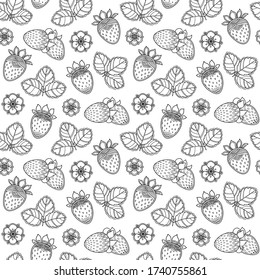Seamless summer berries pattern in doodle style. Floral, ornate, decorative, nature vector design elements. Black and white monochrome background. Strawberries, flowers, leaves. Coloring book page