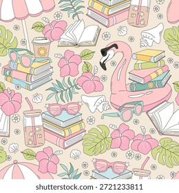 Seamless Summer Bookish Pattern with Flamingo, Tropical Flowers, Sunglasses and Stacked Books in Cute Pastel Cartoon Style for Decorative Backgrounds