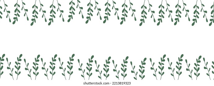 Seamless summer border with green fern leaves in naive style. Decorative floral rectangular vector illustration for placing text, inscriptions, congratulations, etc.
