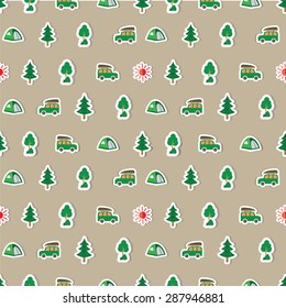 Seamless  summer camp  pattern. Background for you a summer vacation design.  vector icons for tourism, recreation for active people, travel, hike in the woods, in the country, in the mountains.