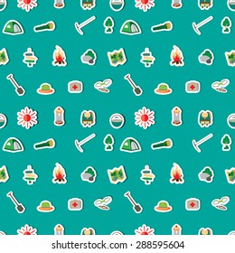 Seamless summer camp pattern. Background for you a summer vacation design. vector icons for tourism, recreation for active people, travel, hike in the woods, in the country, in the mountains.
