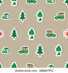 Seamless summer camp pattern. Background for you a summer vacation design. vector icons for tourism, recreation for active people, travel, hike in the woods, in the country, in the mountains.