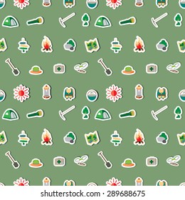 Seamless summer camp pattern.  Icons are on a green background. Fire, pointer, a tent, a flashlight, the sun .... Vector illustration.