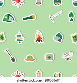 Seamless summer camp pattern.  Icons are on a green background. Fire, pointer, a tent, a flashlight, the sun .... Vector illustration.