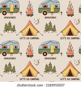 Seamless Summer Camp Pattern, Travel And Overnight In The Forest. Camper, Camp Tent. Outdoor Camping Adventure Elements. Print For Travel Tours, Wallpaper, Fabric, Travel Items On Tan Background