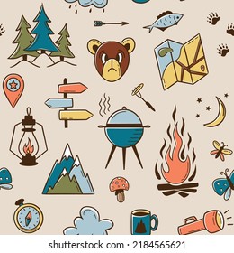 Seamless summer camp pattern, travel and overnight in the forest. Outdoor Camping Adventure Elements. Lovely print for kids, travel tours, wallpaper, fabric, travel items on beige tan background