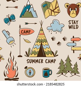 Seamless summer camp pattern, travel and overnight in the forest. Outdoor Camping Adventure Elements. Lovely print for kids, travel tours, wallpaper, fabric, travel items on beige tan background