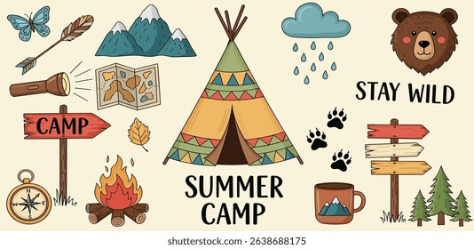 Seamless summer camp pattern, travel and overnight in the forest. Outdoor Camping Adventure Elements. Lovely print for kids, travel tours, wallpaper, fabric, travel items on beige tan background