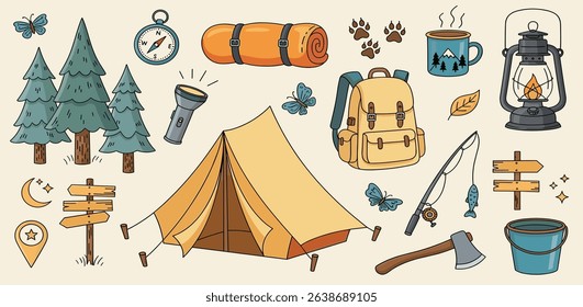 Seamless summer camp pattern, travel and overnight in the forest. Outdoor Camping Adventure Elements. Lovely print for kids, travel tours, wallpaper, fabric, travel items on beige tan background 
