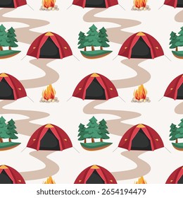 Patrón de campamento de verano sin fisuras, viaje y noche en el bosque. Elementos de aventura de camping al aire libre. Fogata, tienda, bosque para el Fondo de pantalla, tela. Dibujado a mano de dibujos animados de Vector de senderismo de fondo turístico