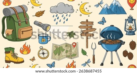 Seamless summer camp pattern, travel and overnight in the forest. Outdoor Mountain Camping Adventure Elements. Lovely print for kids, travel tours, wallpaper, fabric, travel items on beige background