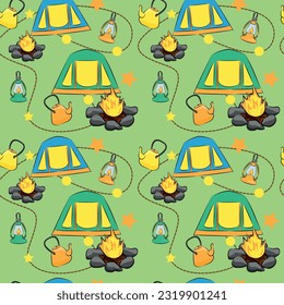 Seamless summer camping theme pattern. Campfire and tent on colored background. Bright camping gear on green grass. Wallpaper, digital paper, fabric, background. Vector.