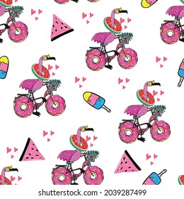 Seamless summer cartoon pattern with flamingo on bike, fashion print. Summer print   Creative girlish original design 