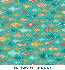 Seamless summer childish pattern. Endless fish background. Template for design and decoration