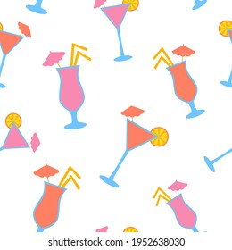 Seamless summer cocktail pattern, juicy summer texture, cocktail print. Seamless pattern for vacation, relaxation - for paper, for fabric, for textile, summer wallpaper, simple cocktails background.