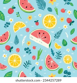 seamless summer color fresh fruits pattern with blue background
