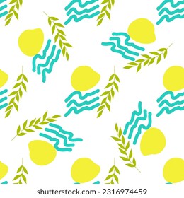 Seamless summer color pattern of abstract shapes. A twig, waves, a yellow spot. Background design, packaging, fabric. Vector illustration...