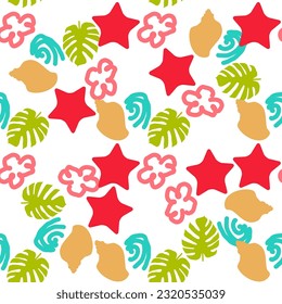 Seamless summer color pattern of abstract shapes.A star, a palm leaf, a shell and squiggles. Background design, packaging, fabric. Vector illustration...