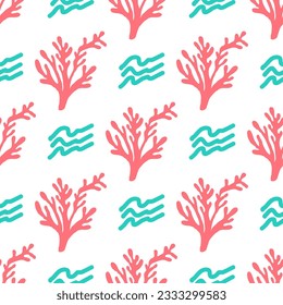 Seamless summer color pattern of abstract shapes. Waves and corals. Background design, packaging, fabric. Vector illustration...