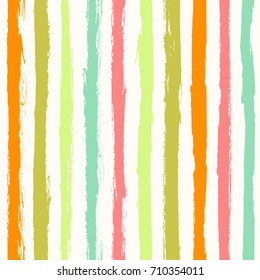 Seamless summer color stripe pattern on white background. Colorful sailor stripes. Watercolor ink brush strokes. Stylish retro vintage design for banner, backdrop. Hipster paintbrush for kids.