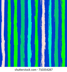 Seamless summer color stripe pattern on neon blue background. Colorful sailor stripes. Watercolor ink brush strokes. Stylish retro vintage design for banner, backdrop. Hipster paintbrush for kids.