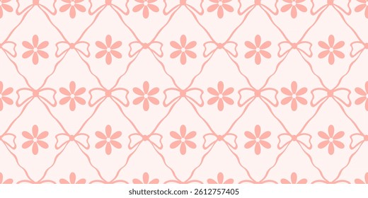 Seamless summer Coquette trellis pattern with Bows and flowers. Coquette print template design. Endless background for textile fabric wrapping paper print. Vector illustration. EPS 10
