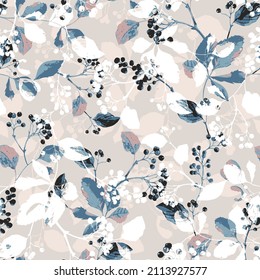 seamless summer with cotton flowers. Pattern of delicate floral wreaths. Decorative motif for a seamless ornament,herbs, flowers, leaves and berries on grey background. 