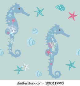 Seamless summer, cute pattern of a stylized seahorse. For decorating textiles, packaging and wallpaper. Vector illustration.