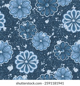 Seamless summer denim pattern with scattered chamomile flowers, splattered paint. Random composition. Grunge boho style. Dotted textured background.