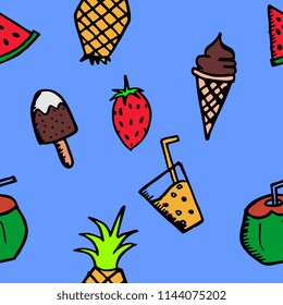 Seamless summer doodle hand drawn pattern with colorful holiday beach stuff.